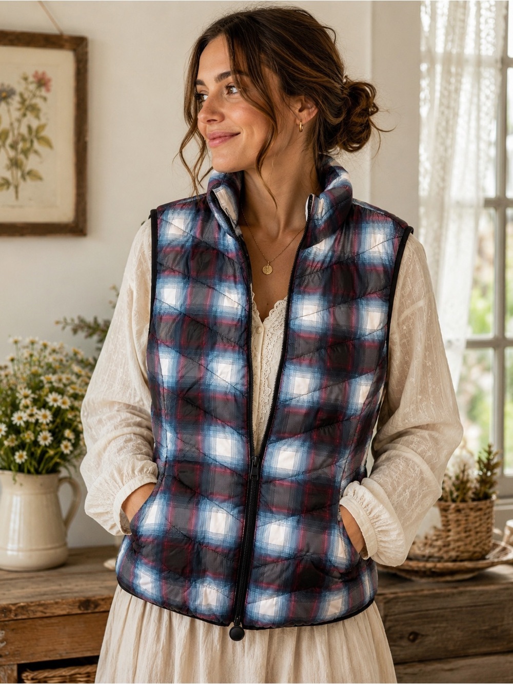 Joe Fresh Plaid Quilted Puffer Vest – Size Small